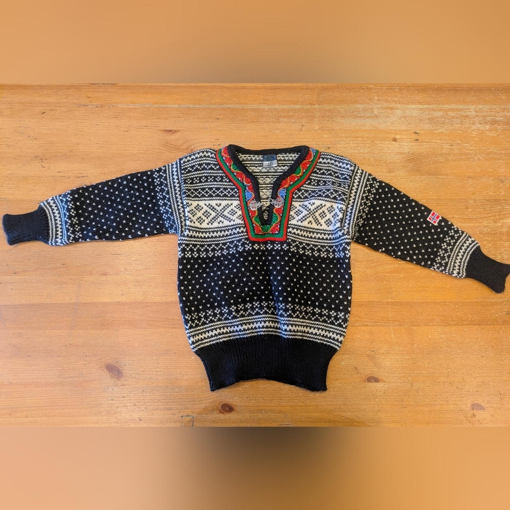 Dale of Norway Black and White Sweater with Red and Green Accents